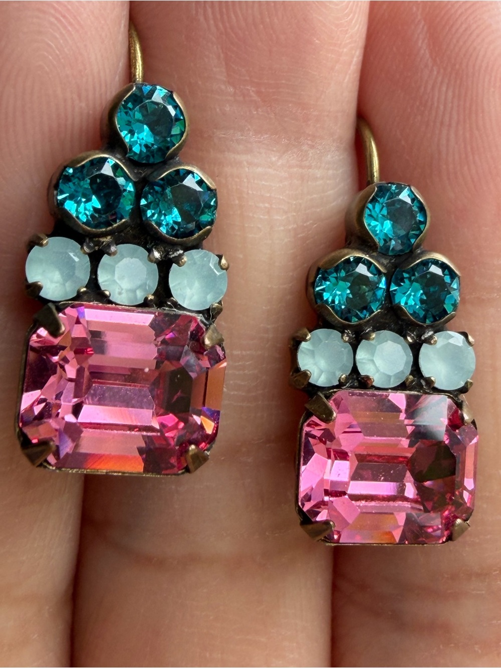 SORRELLI | Vintage | Pink and Teal Multi-Stone Crystals Drop Antique Gold Finish
